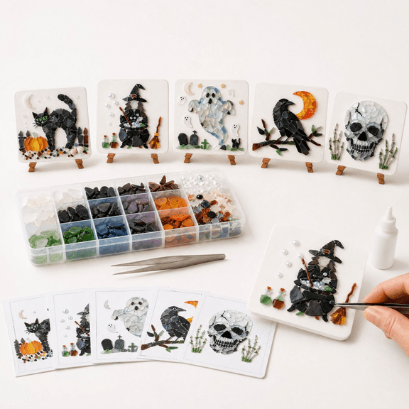 Halloween Craft Kit for Adults, Sea Glass for Crafts with Plastic Storage Box, Black Cat Halloween Decor, Glue Applicator