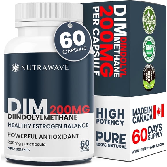 Nutrawave DIM 200 Mg – Soutien au Métabolisme des Oestrogènes et à l'Équilibre Hormonal, Diindolylmethane pour la Peau et l'Humeur, 60 Capsules Véganes, non-OGM, Sans Gluten, Fabriqué au Canada