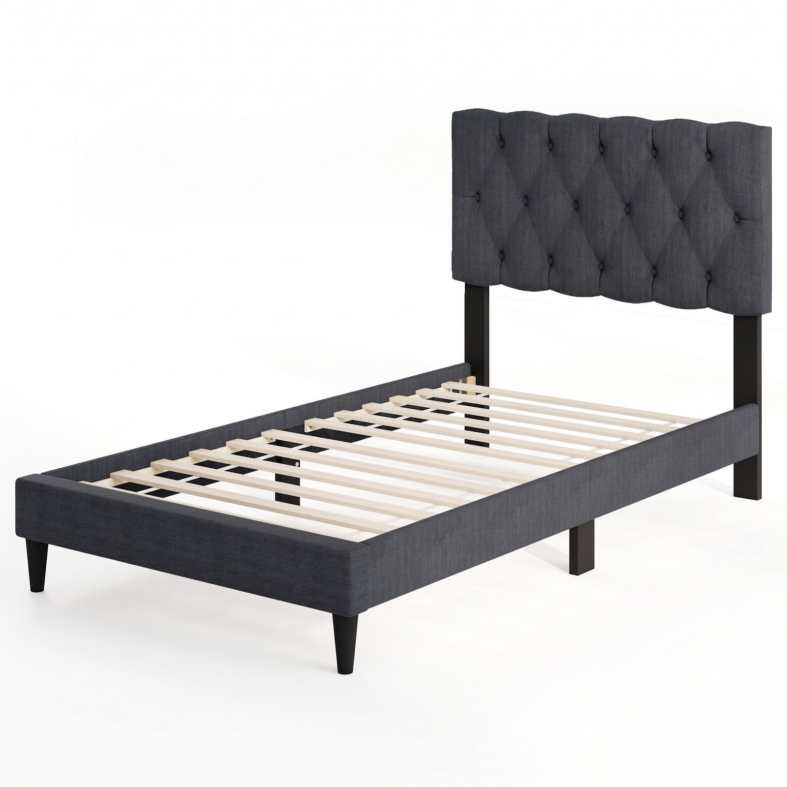 Furnibear Twin Bed Frame, Upholstered Platform Bed Frame with Tufted Wingback Headboard, Twin Bed Frame with Headboard and Slat Support, Gray
