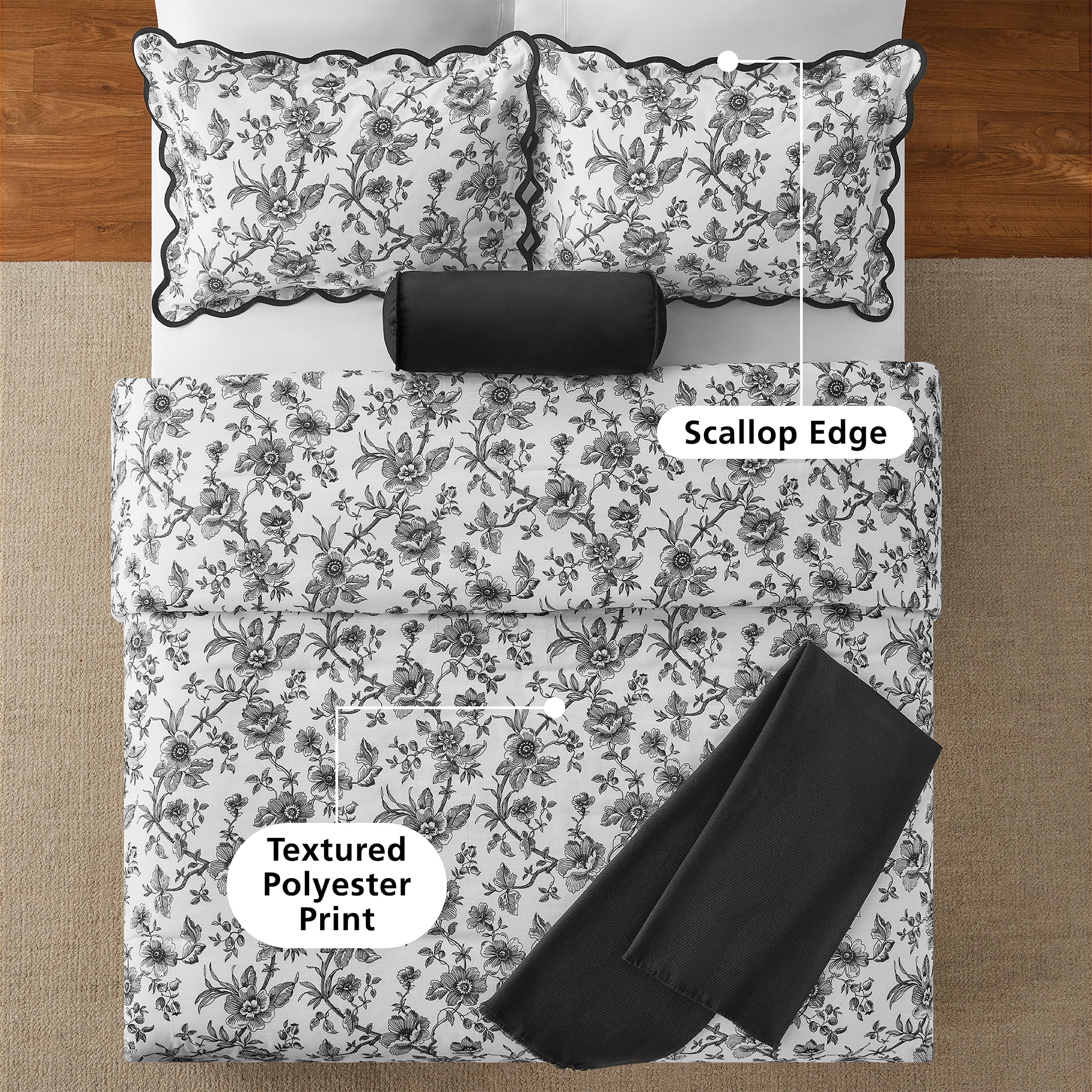 Mainstays Full/Queen Comforter Set, All-Season, 5-Piece, White & Black Floral Scallop