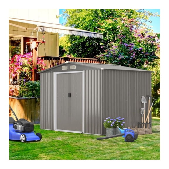 8x6 ft Galvanized Steel Storage Shed - Garden Yard Tool Shed - 8.5' x 6.8' Outdoor Storage - Rust-Resistant, Sliding Door, Foundation & Louvers - Gray