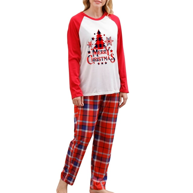 Faithtur Family Matching Christmas Pajamas, Letter Tree Print Long-Sleeved Tops + Plaid Pattern Trousers Sleepwear Outfits