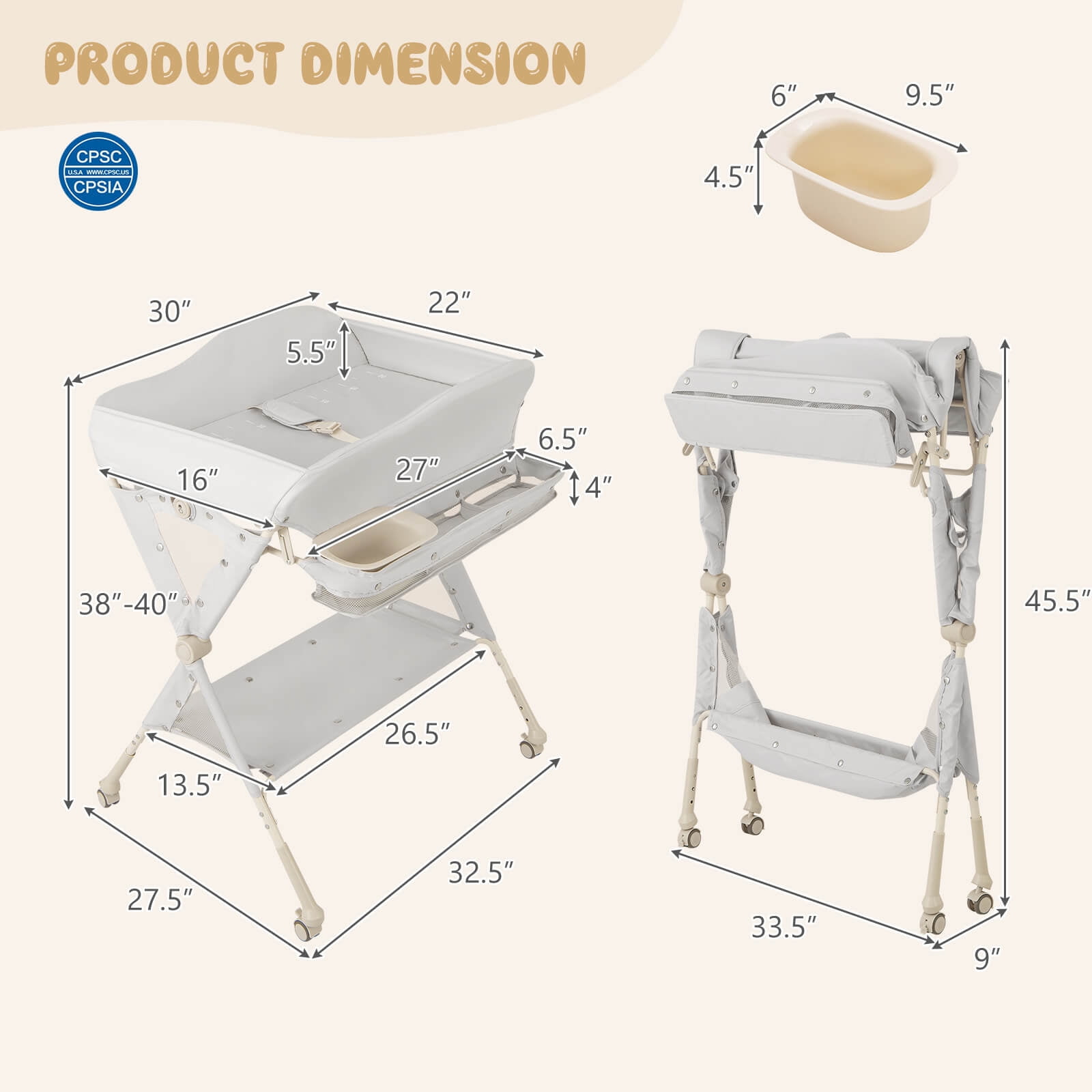 Costway Portable Baby Diaper Changing Table with Storage Water Basin 3-Level Adjustable Height Gray