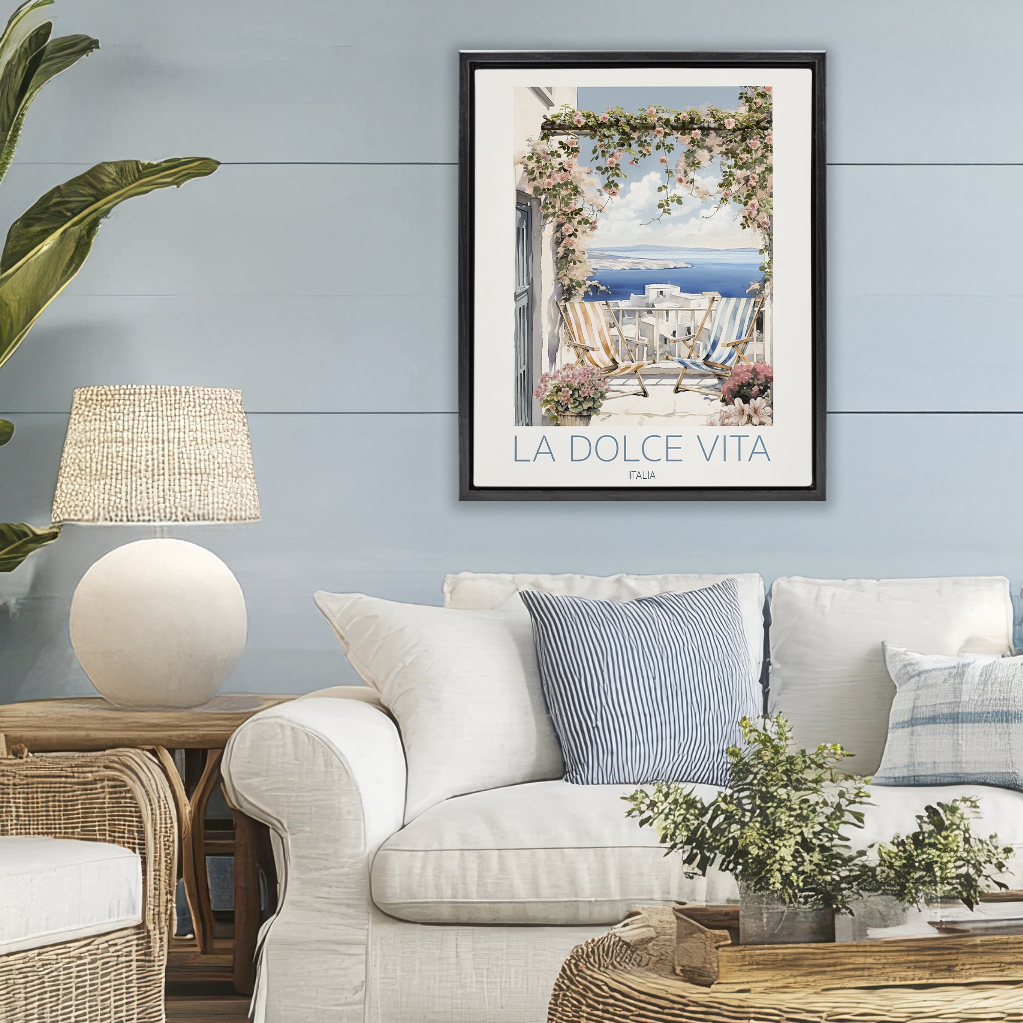 Stupell Industries Coastal Italian Balcony View Black Framed Floater Canvas Wall Art, design by CAD Designs