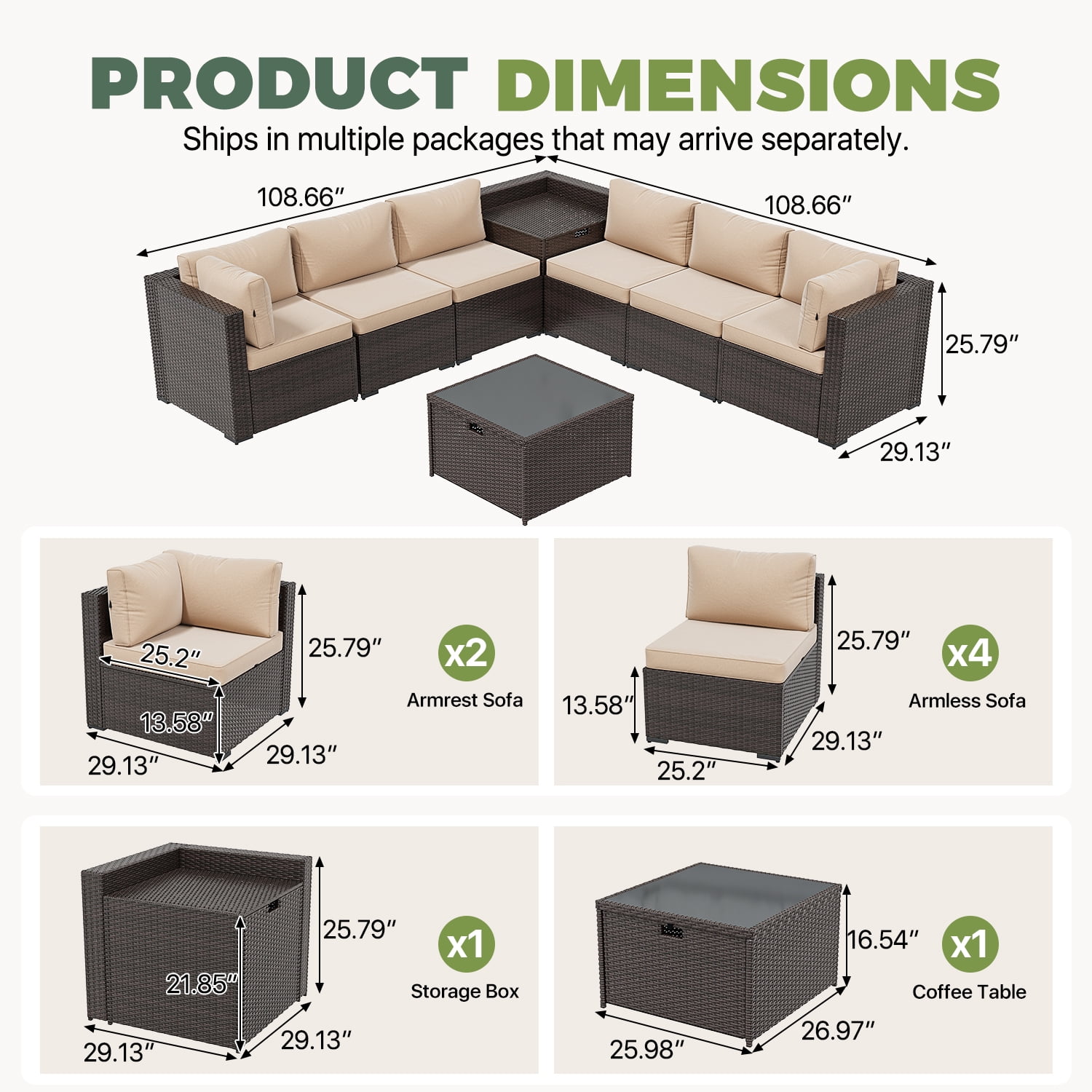 BaPiPro 8-Piece Brown Rattan Patio Sectional Sofa Set with Khaki Cushions, Dual Storage Design, Modular Outdoor Conversation Furniture for Backyard, Garden, Poolside