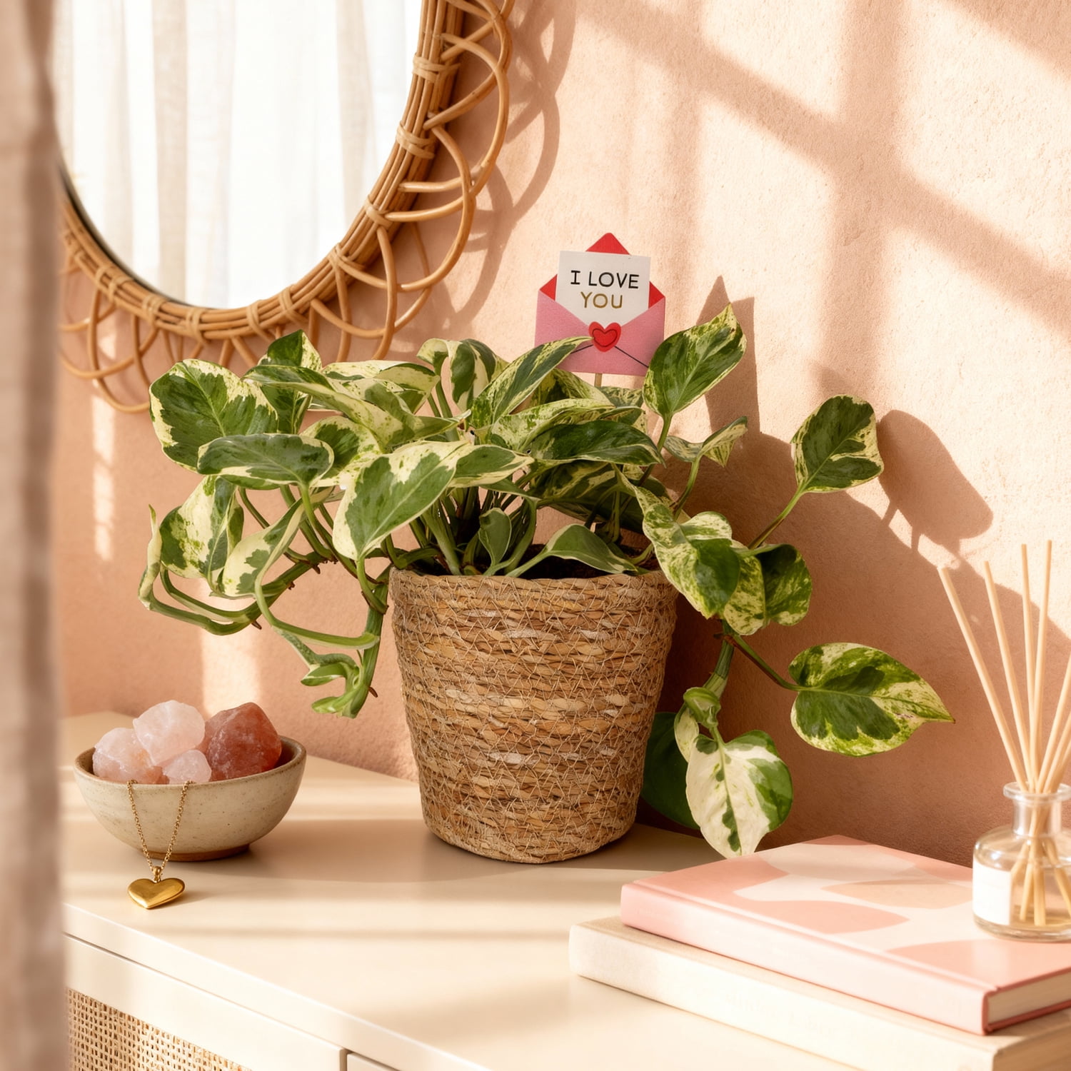 5IN Pothos (Love You Edition) – Seagrass Pot – “I Love You Envelope”