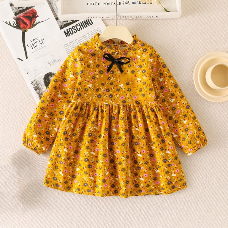 navy blue dress for baby girl Ulitacool Toddler Girls Winter Dress 12-18 Months Floral Print Zipper Long  Sleeve Dress Autumn Crewneck Flower Girl Dresses Elegant Clothes Yellow