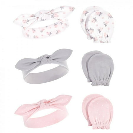 Hudson Baby Infant Girl Cotton Headband and Scratch Mitten 6pc Set, Pink Gray Floral, 0-6 Months