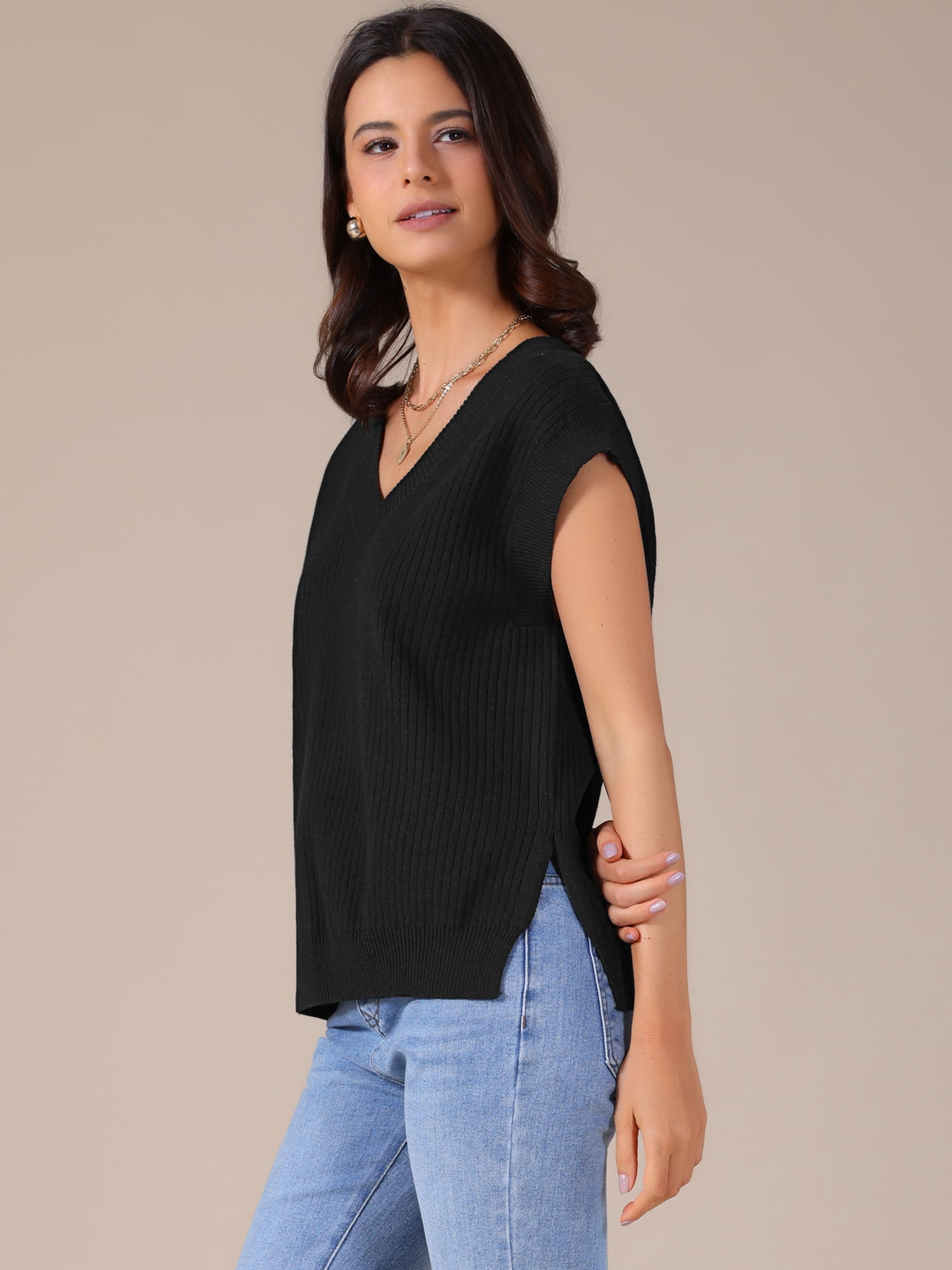 DARING DIVA Women's V Neck Ribbed Knit Sleeveless Pullover Sweater Vest M Black