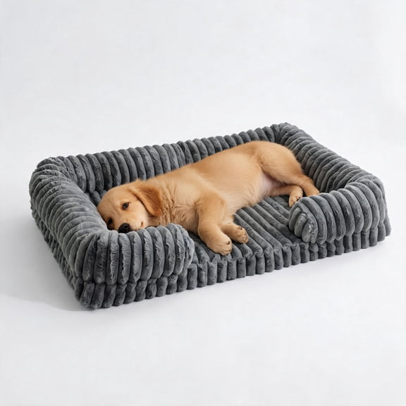 Orthopedic Dog Bed with Memory Foam & Washable Striped Cotton Cover - Cozy Bolster Sofa for Indoor Pets - Non-Slip Bottom - Gray