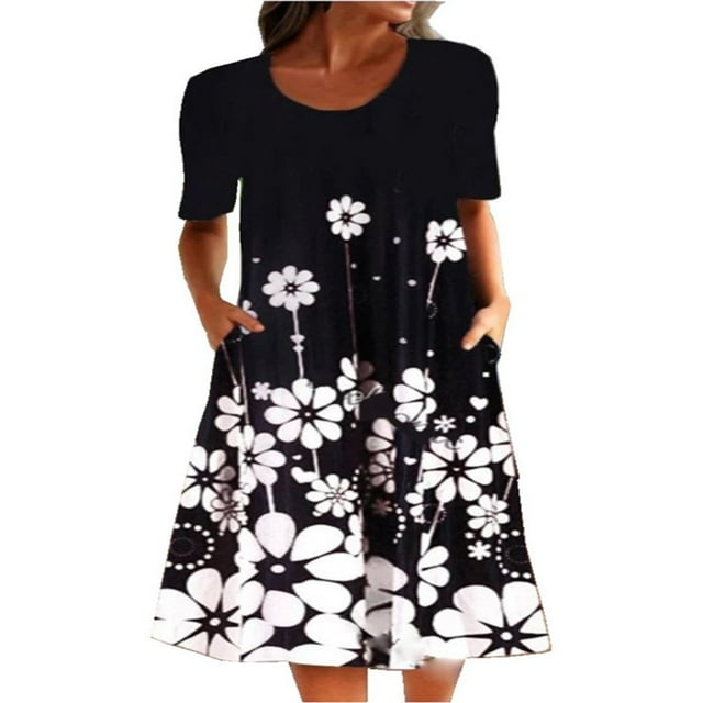 Robe Midi à Fleurs à Manches Courtes pour Femmes Grande Taille, Robe d'Été Évasée de Plage
