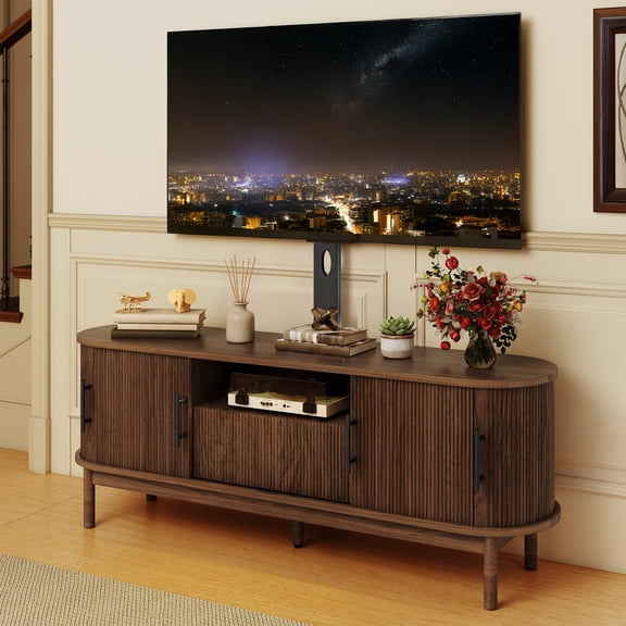 Uforic 60 Inch Modern Fluted TV Stand with Adjustable TV Mount, Fits 32-70 Inch TVs, for Living Room, Walnut
