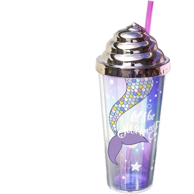 Mermaid Gobelets en Plastique Réutilisables à Double Paroi 14 oz avec Couvercles Crème et Paille, Mermaid-Rose