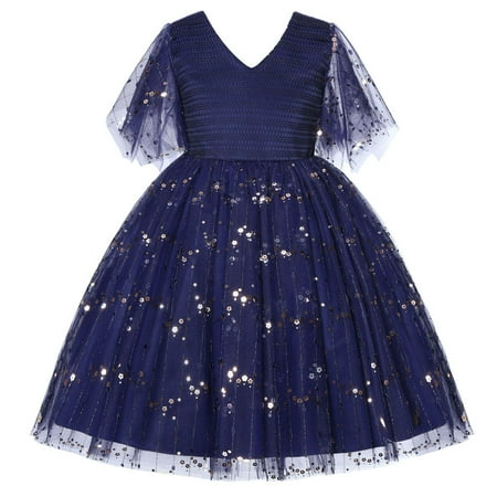 

Kamo Little Girls Sequin Mesh Tulle Dress Flutter Sleeve Princess Dresses Wedding Party Ball Gown