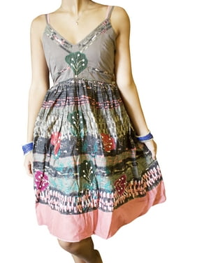Mogul Women Strap Dresses, Summer Cotton Printed Boho Strappy Dresses, Retro 70s Floral Dress, Beach Sundress SM