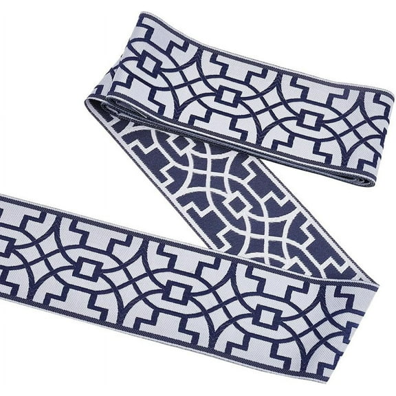 5.47 Yards Prussian Blue Jacquard Grid Ribbon Trim for Curtains 3-1/4 Inch Wide Polyester Geometric Embroidery Stout Tape Trim for Vintage Drapery and Curtains AccessoriesPrussian Blue
