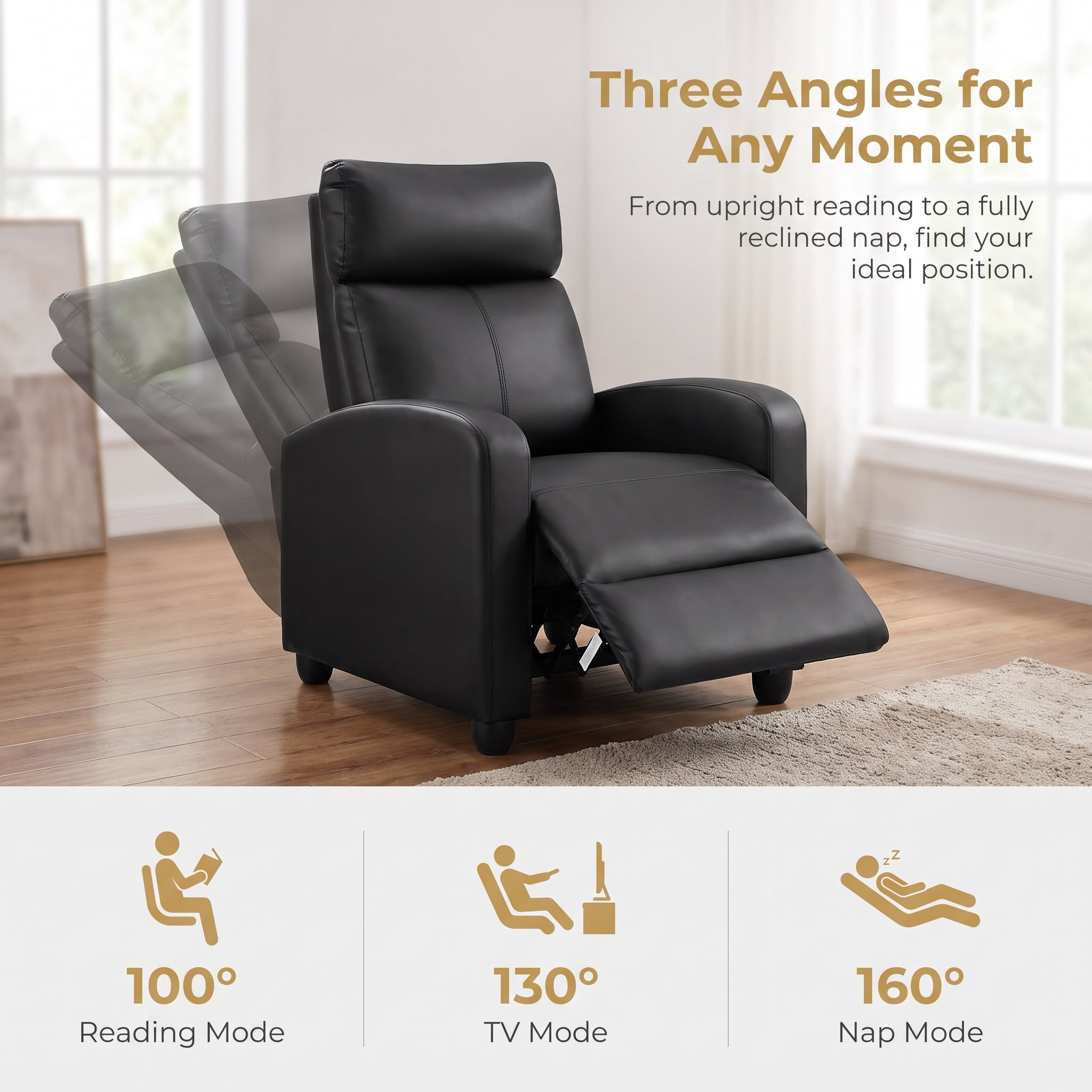 Manual Recliner Chair, PU Leather Upholstered Armchair Accent Sofa with Pop Up Footrest High Density Foam Padding for Small Spaces Living Room Bedroom