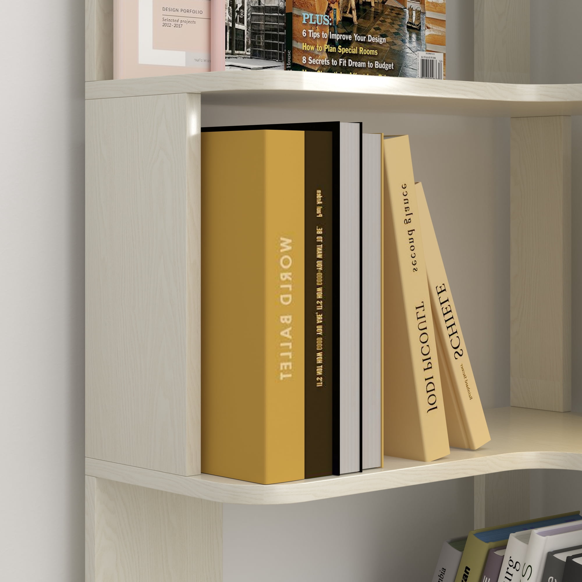 Leumius 6 Tier Freestanding L-Shaped Corner Bookshelf, Wooden Bookcase with anti-drop panle and anti tipping device, Display shelf Open storage rack Organizer for Home Office,White Oak