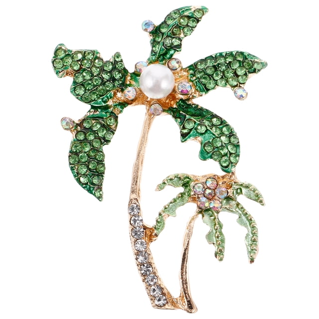 BRIGHTFUFU Broche de palma de coco verde de 1 pieza, broche de aleación de diamantes de imitación brillante, accesorio de moda, regalo para mujeres, niñas, señoras