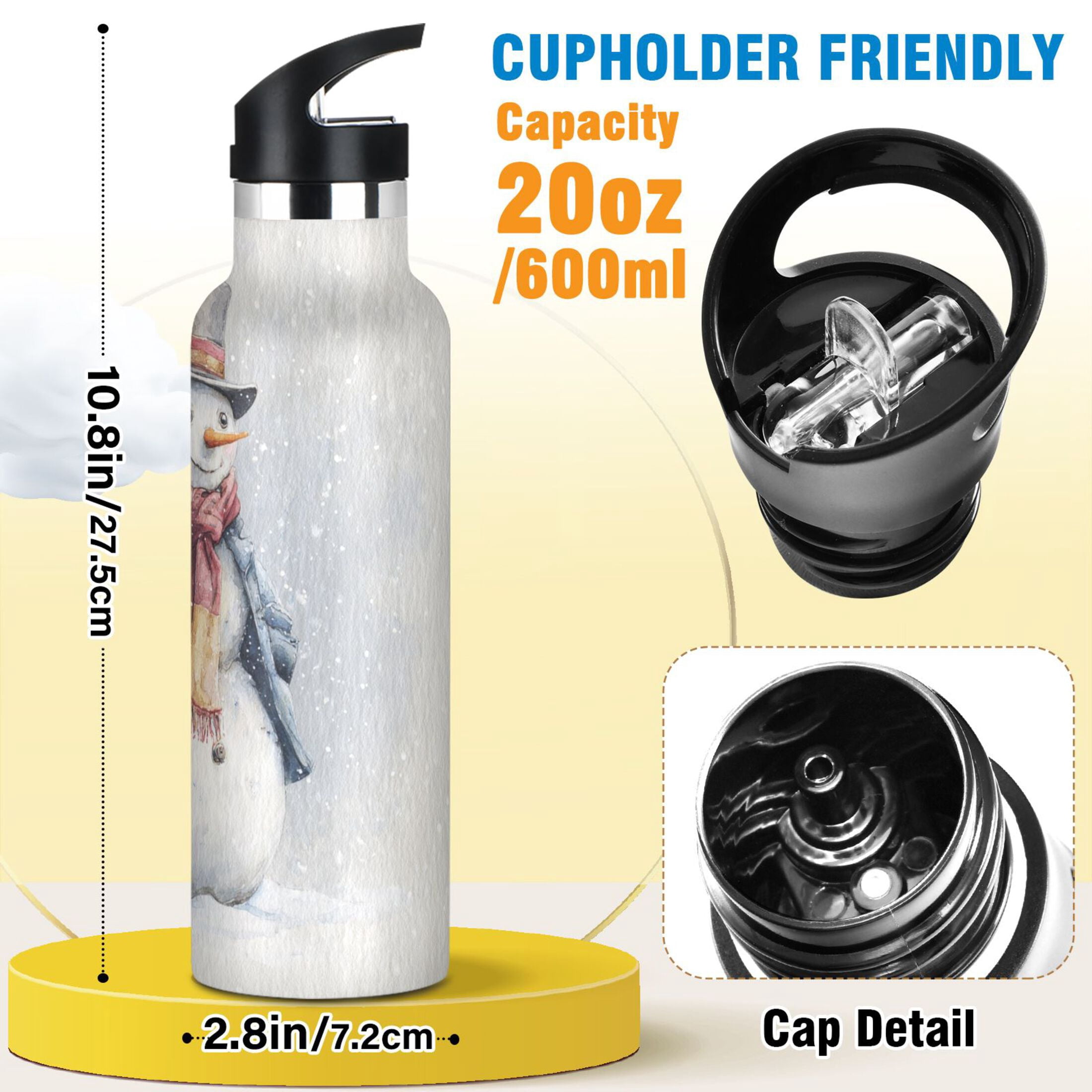 600ML Stainless Steel Insulated Cup Sports Water Bottle Portable Thermos Cup Water Glasses Insulated Tumblers Convenient and Durable Watercolor Snowman