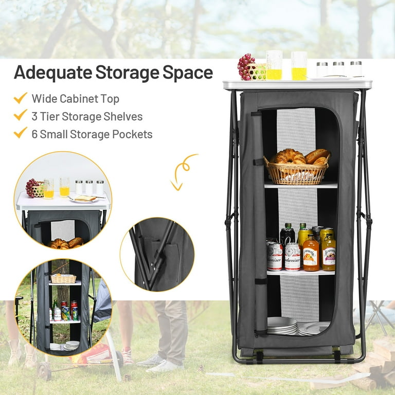 Costway Folding Pop-Up Cupboard Compact Camping Storage Cabinet w/ Bag Large size, Grey