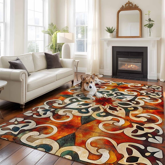 6'x9' Area Rugs, Burnt Orange Green Indoor Outdoor Area Rug for Living Room Bedroom, Vintage Abstract Flowers Washable Bathroom Rugs Kitchen Floor Carpet Mats Home Decor Aesthetic
