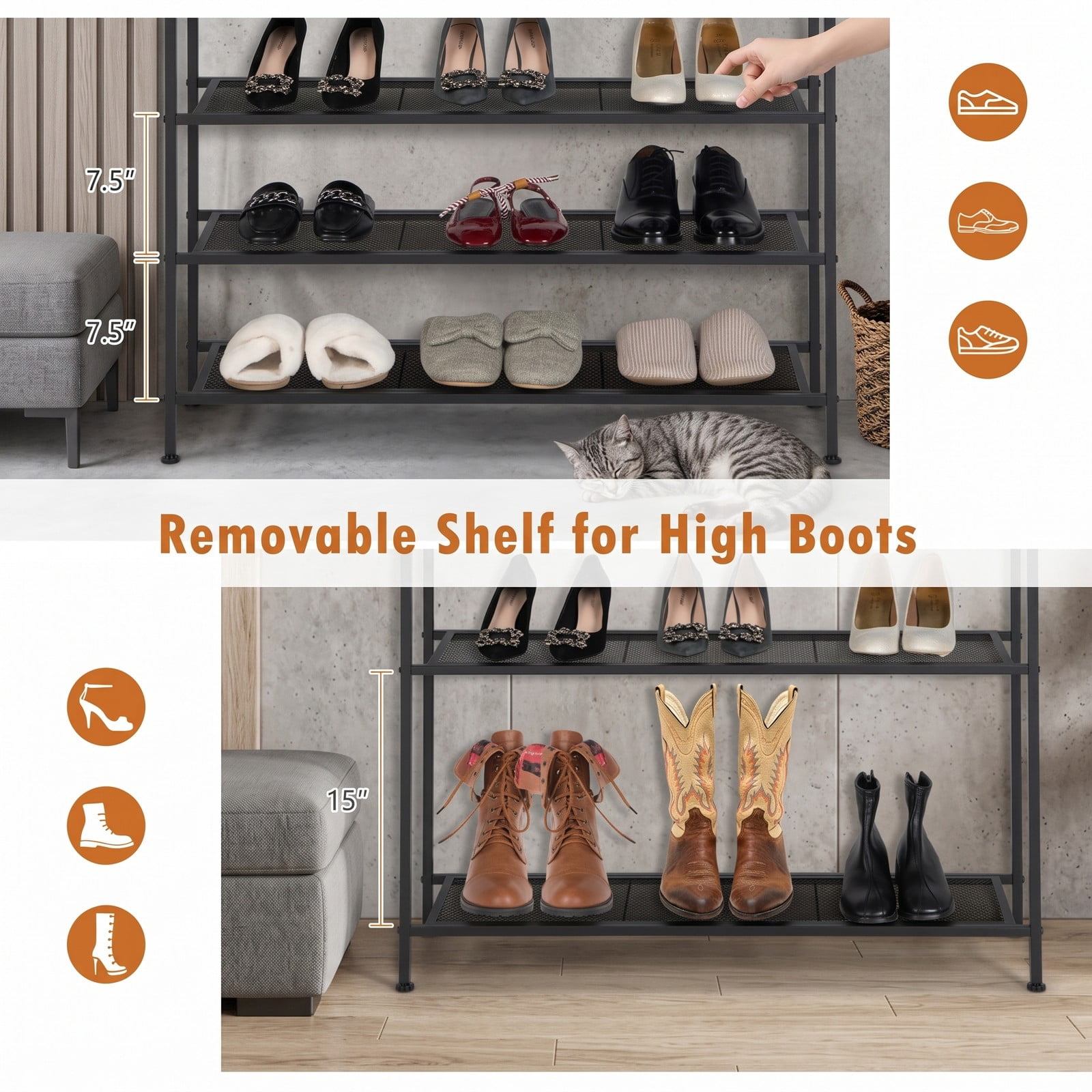 Furnibear Industrial 5-Tier Metal Shoe Rack with Wood Top and Adjustable Feet for Entryway Hallway and Bedroom, Rustic Brown