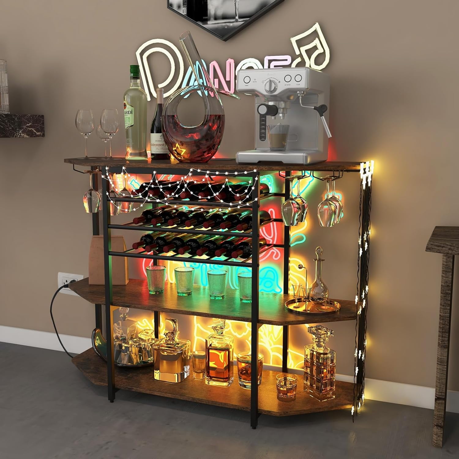 Wine Bar Cabinet with 3 Tier Wine Racks Wine Storage, Glasses Holder, Brown