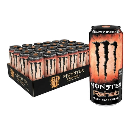 (24 Cans) Monster Energy Drink, Rehab Peach Tea + Energy, 15.5 fl