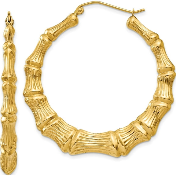 14K Yellow Gold Polished Bamboo Hoop Earrings (33 X 8) Made In Indonesia s1517