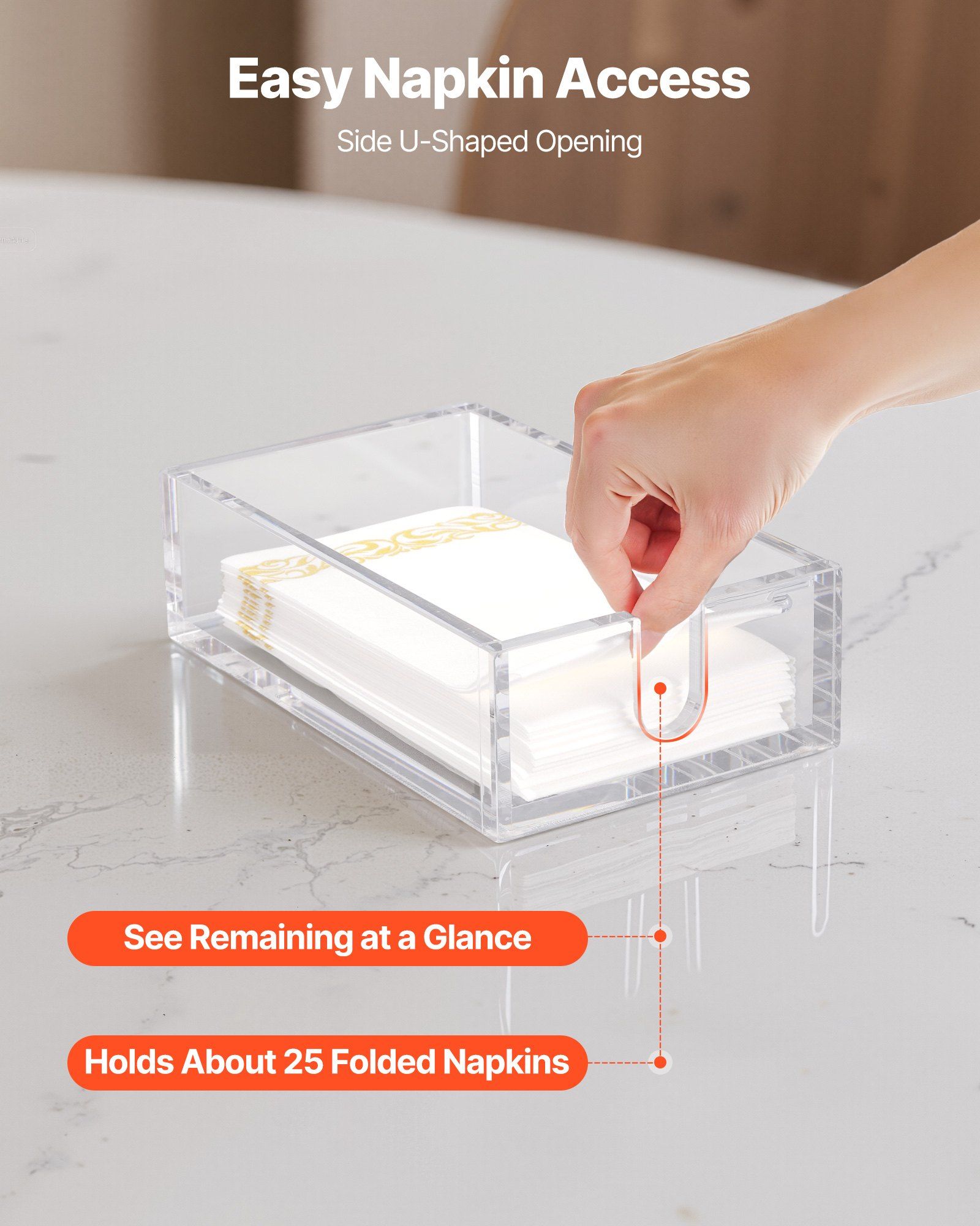 Acrylic Napkin Holder, 9.1 x 5.5 x 2.6 inch, Clear Bathroom Guest Towel Storage Tray with U-Shaped Opening, Disposable Paper Towel Holder for Bathroom Kitchen Parties Weddings & Various Events