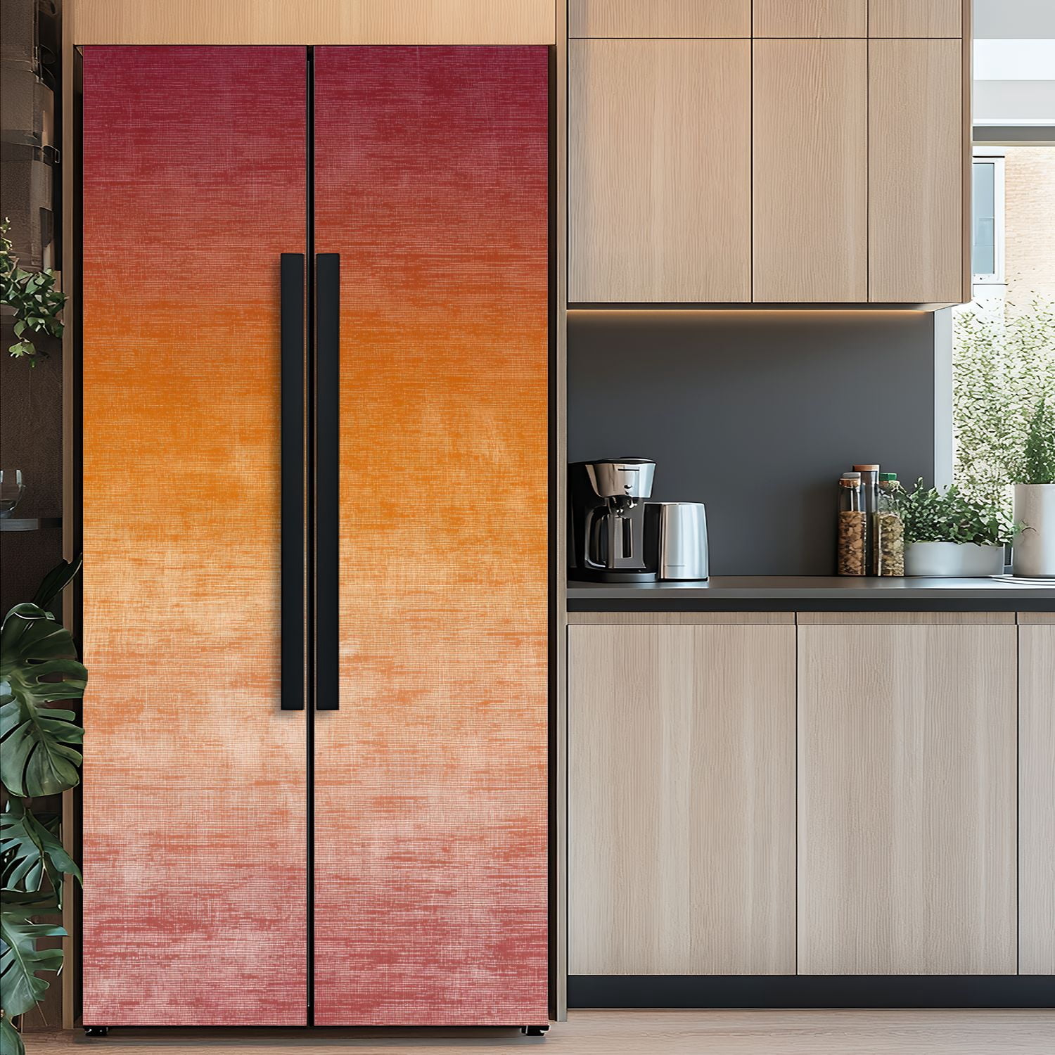 Self Adhesive Vinyl Refrigerator Wrap Set Autumn Grunge Gradient Ombre Orange Red Yellow Abstract Door Mural Removable Fridge Sticker Peel and Stick&nbsp;Full Door Cover Decal Kitchen Bar Decor