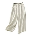 thumbnail image 2 of Thin Nine-Point Cotton Linen Pants, Elastic Waist Wide Leg Casual Trousers, Summer Style, Beige 2XL, Size M-3XL, 2 of 9