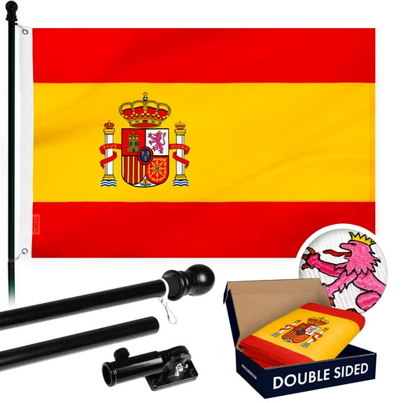 G128 Combo Pack: Flag Pole 6Ft Black Tangle Free & Spain Spanish Flag 3x5FT Double Sided Embroidered