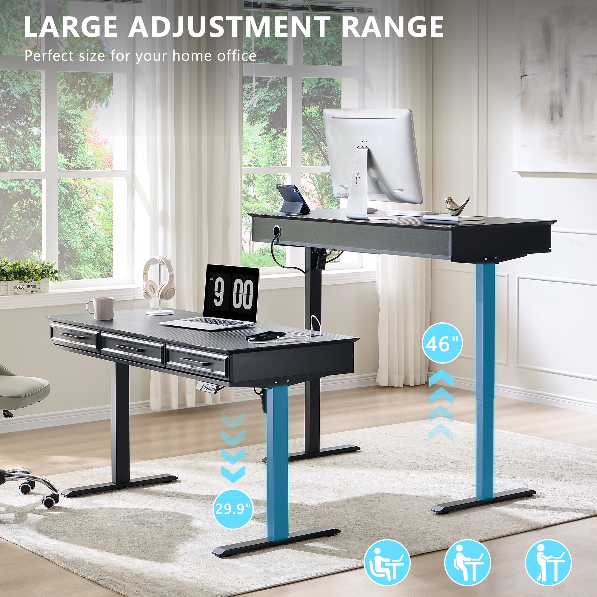 wow97e Electric Standing Desk, 55" x 22" Adjustable Height Office Computer Desk with 3 Storage Drawers, Sit Stand Up Desk with Power Outlets for Study and Home
