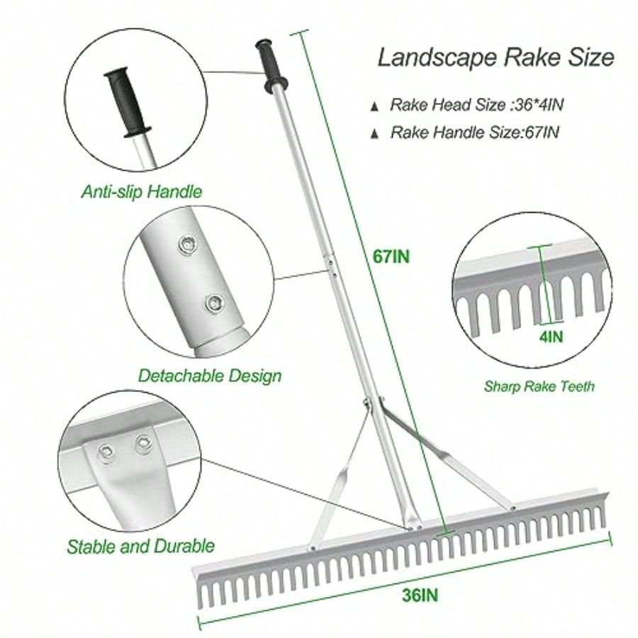 Landscape Rake 36 Inch Head Leaf Rakes for Lawns with 67 Inch Handle Aluminum Yard Tool for Loosening Soil Landscaping Lawn Care Lake Garden Pond and Beach Care