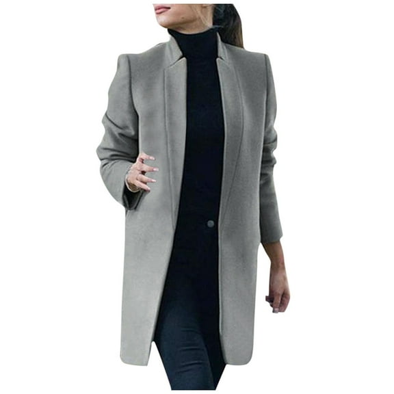 Pimfylm Women's Stand Collar Open Front Pea Coat Casual Winter Warm Mid Long Blazer Trench Coats Overcoat Outerwear Grey, L