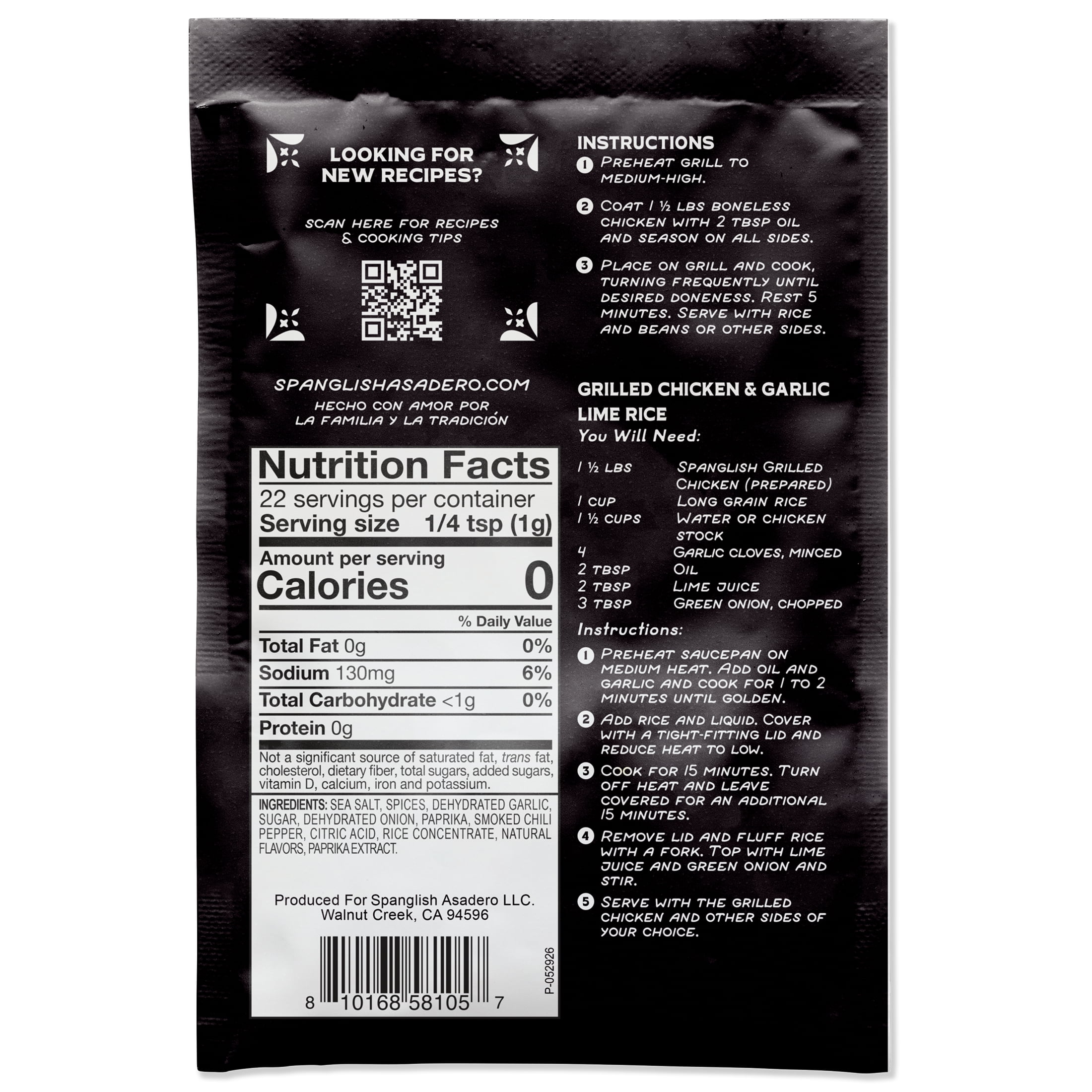 Spanglish Asadero Grilled Chicken Seasoning with Garlic, Chilis, Spices & Sea Salt, 0.8 oz Packet