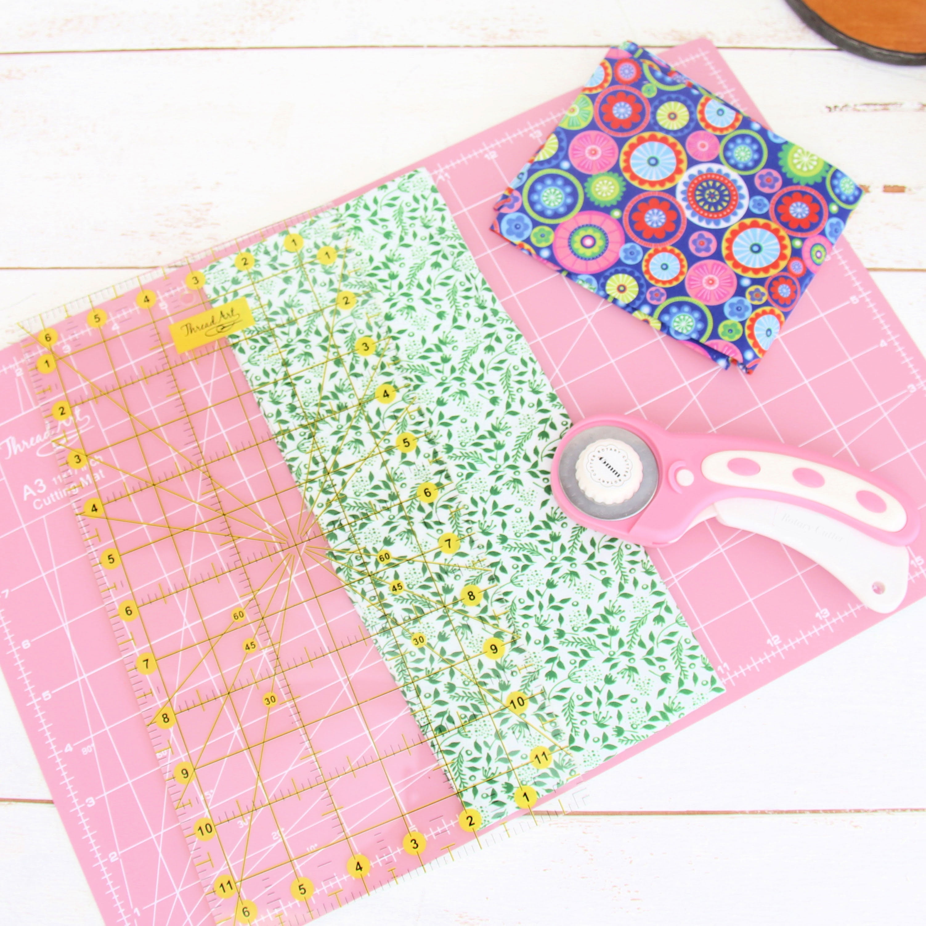 Threadart Rotary Cutter Set | 45mm Fabric Cutter Kit with Blade, 11"x17" Double-Sided Self Healing Cutting Mat, 12"x6" Quilting Ruler | for Sewing, Fabric Cutting, Art Crafting