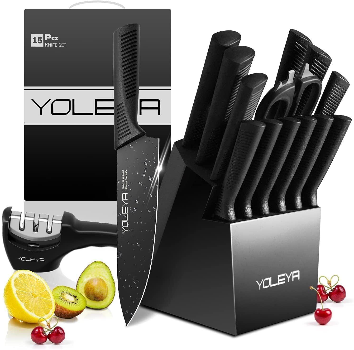 Buy Clearance! Knife Set, Emojoy 15 Piece Kitchen Knife Set with Block
