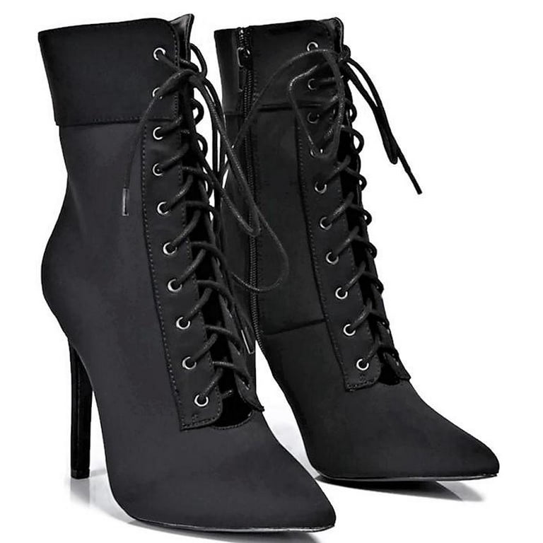 Women's Pointed Toe Ankle Booties Lycra Lace Up Side Zipper