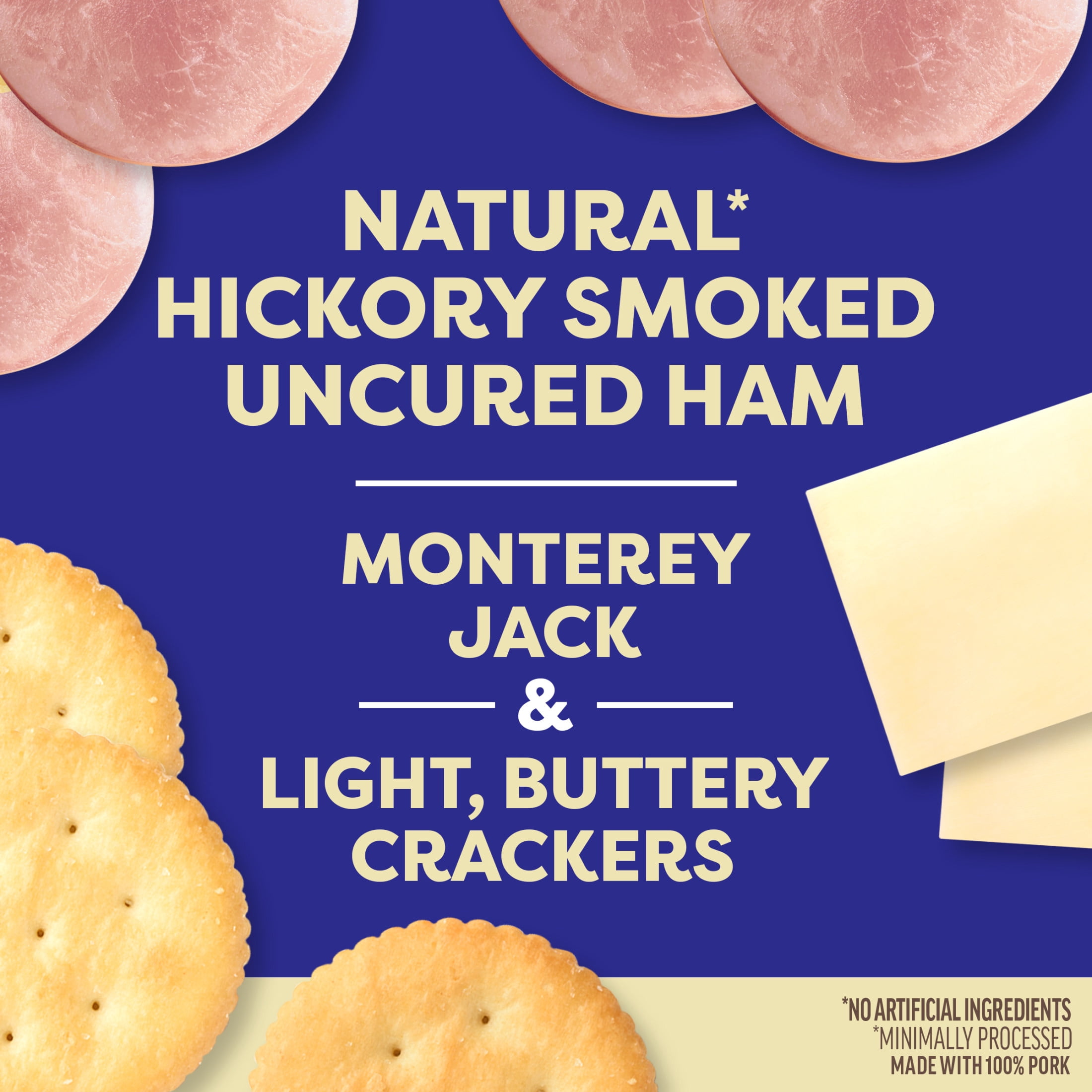 Oscar Mayer Bites Natural Hickory Smoked Uncured Ham, Monterey Jack & Cracker Trio Lunch Kit, 1 Tray, for Easy Lunch and On-the-Go Snacking, 16g Protein Snacks, 3.3 oz