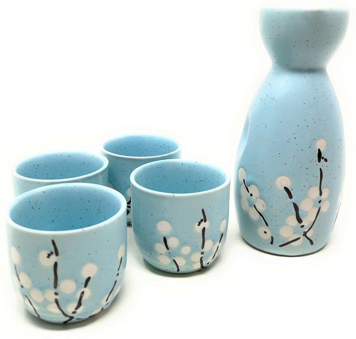 7 piece Japanese Sake Set With White/Blue Bamboo Design 5 cups & 2 bottles 