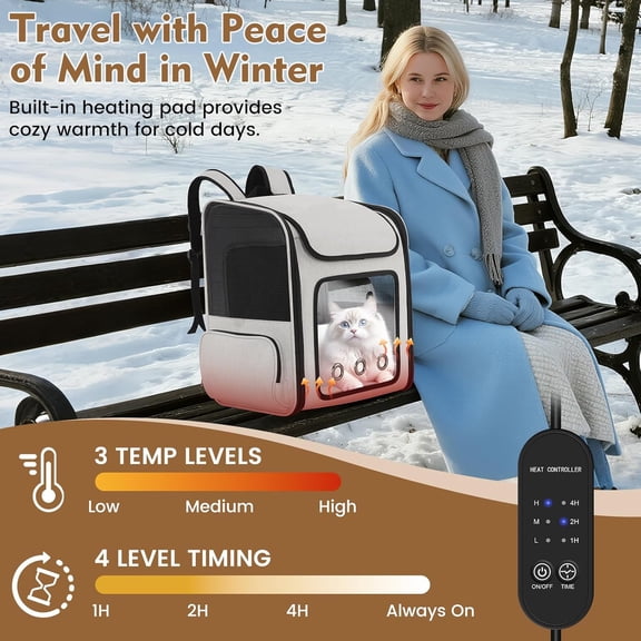 Pet Backpack Carrier with Built-in Cooling Fan & Heating Pad, Expandable Cat Carrier Backpack for Cats and Small Dogs, Ventilated Travel Backpack Carrier for Hiking/Outdoor/Vet Visits, Grey