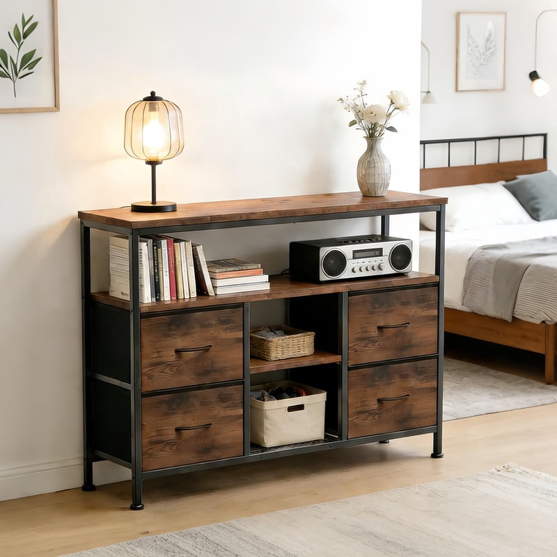 Kelno 47 Inch TV Stand with LED Lights Charging Station AC USB Type-C Ports Media Console with 4 Fabric Drawers Open Shelves, Rustic Brown