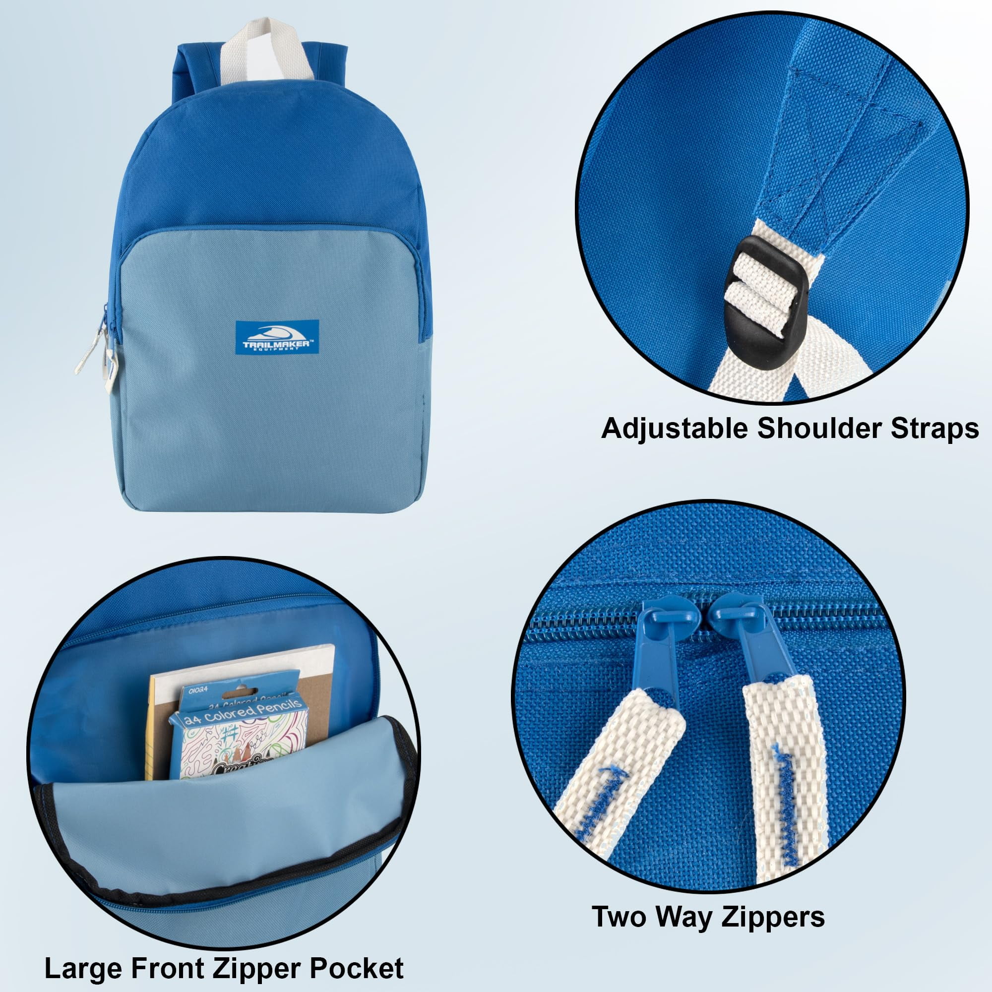 15 Inch Classic Solid Color Backpack with Front Zippered Pocket for Commuting and Travel in Blue & Light Blue