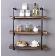 Industrial Pipe Shelf - 3 Tier Pieces - Wall Shelves - Hanging Iron Shelving Floating Mounted Brackets Vintage Rustic Wood Finish Furniture