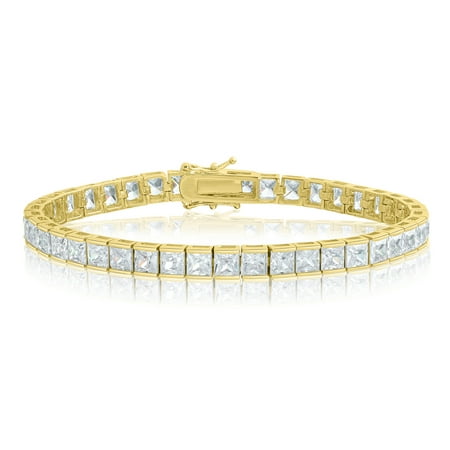 14K Gold Plated Brass Square Princess Cut 4x4mm White Cubic Zirconia 7.25" In Eternity Tennis Bracelet