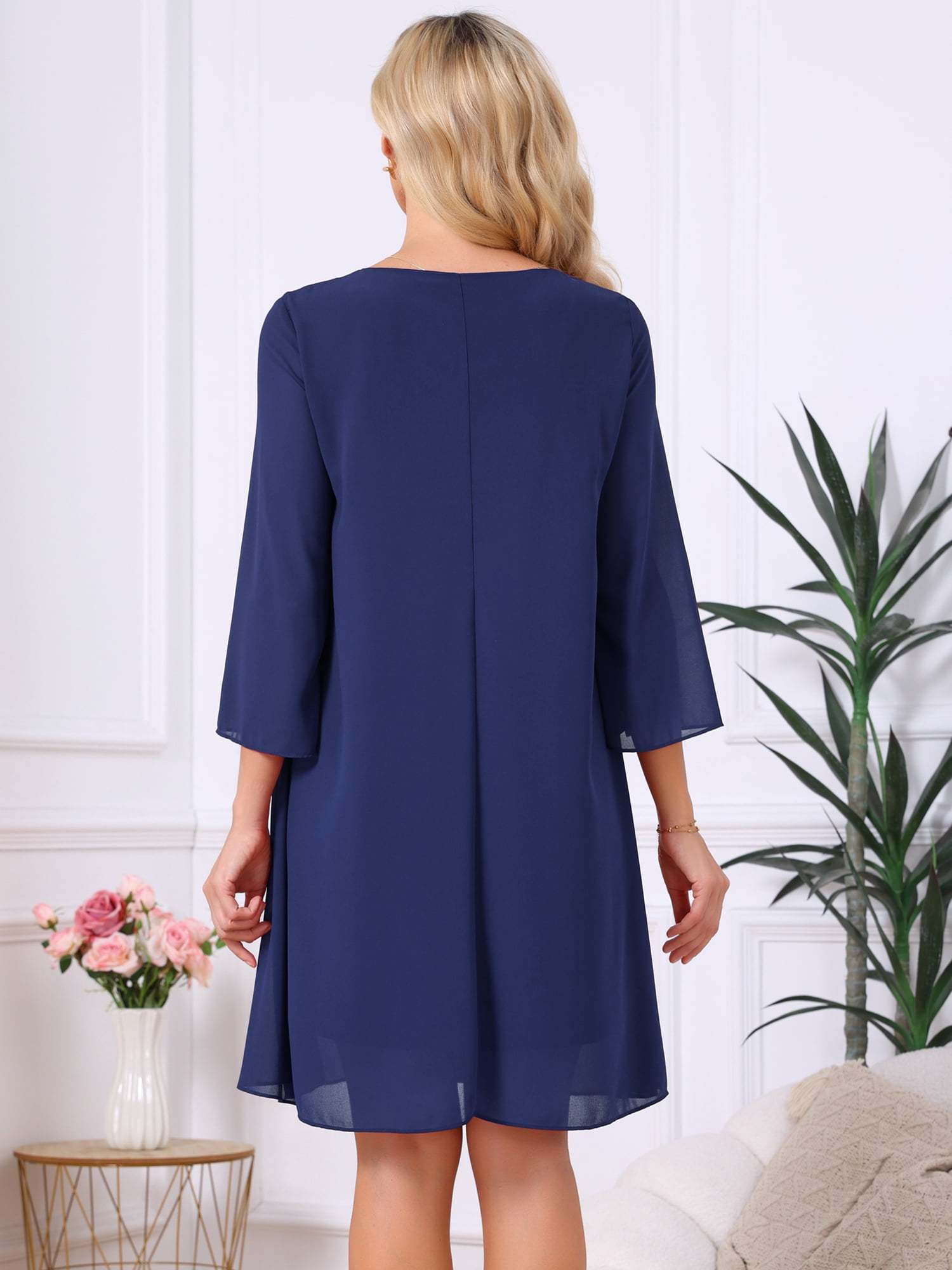 DARING DIVA Women's Chiffon 3/4 Sleeve Flowy Wedding Guest Dress S Dark Blue