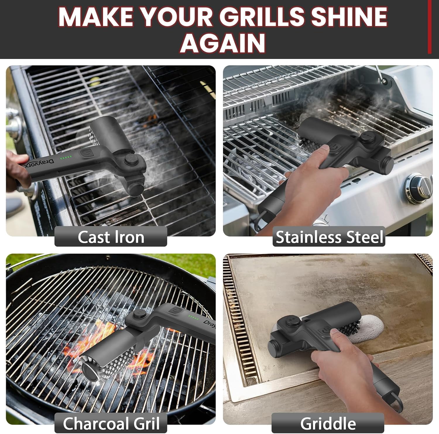 Electric Grill Brush, Cordless Electric BBQ Grill Cleaner with Powerful Motor, Rechargeable Grill Cleaning Brush for Burnt-On Grease & Grill Grates